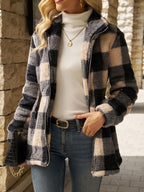 Women's Plush Check Full-Zip Hooded Jacket in Black and Beige