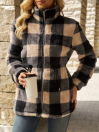 Women's Plush Check Full-Zip Hooded Jacket in Black and Beige