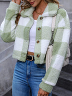 Women's Short Brushed Check Jacket with Button Front