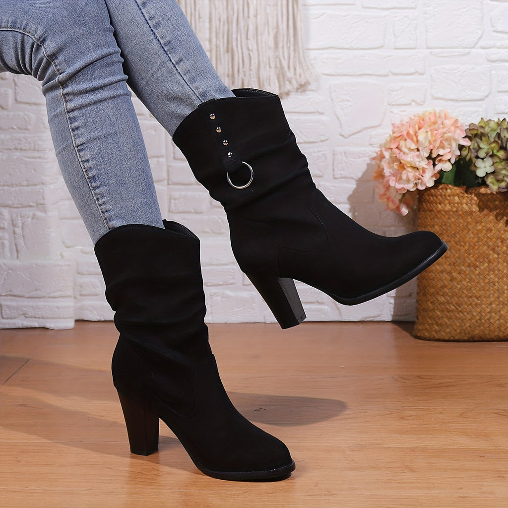 Women's Black Square Toe Slouch Ankle Boots with Stacked Heel - Black
