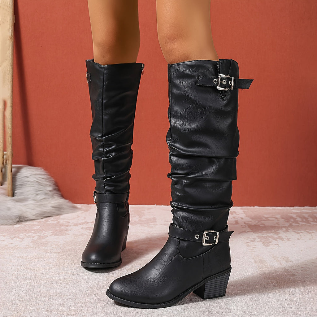 Women's Soft Slouch Block Heel Boots with Buckle Accents