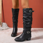 Women's Soft Slouch Block Heel Boots with Buckle Accents