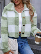 Women's Short Brushed Check Jacket with Button Front