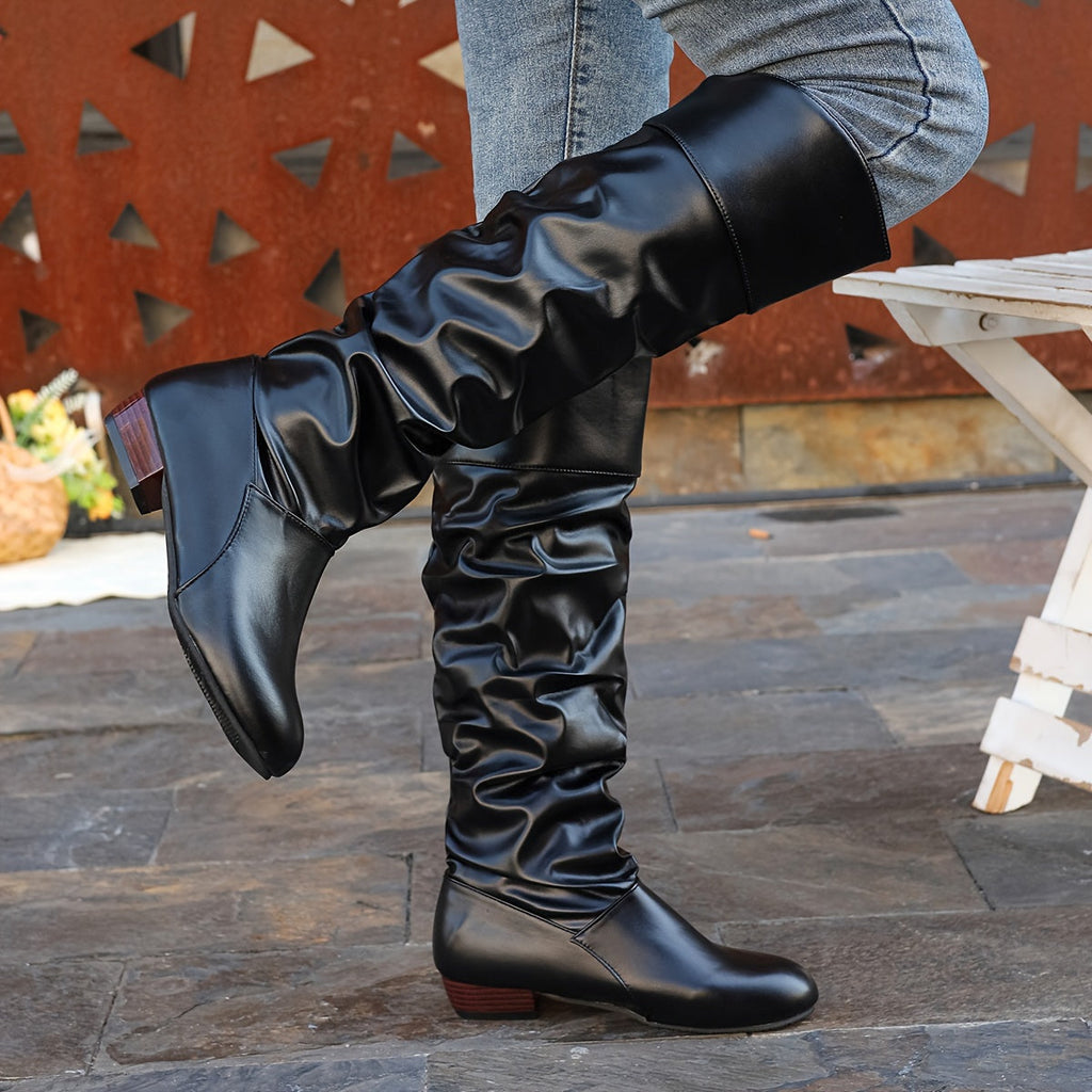 Women's Round Toe Knee-High Boots with Relaxed Drape