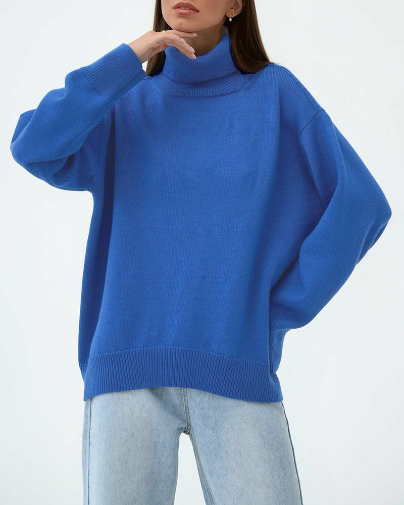 Women's Dropped-Shoulder Roll-Neck Jumper Minimalist Oversized Knit – Blue