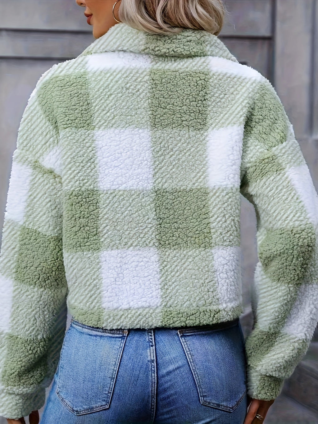 Women's Short Brushed Check Jacket with Button Front