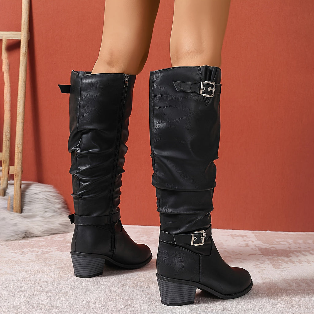 Women's Soft Slouch Block Heel Boots with Buckle Accents
