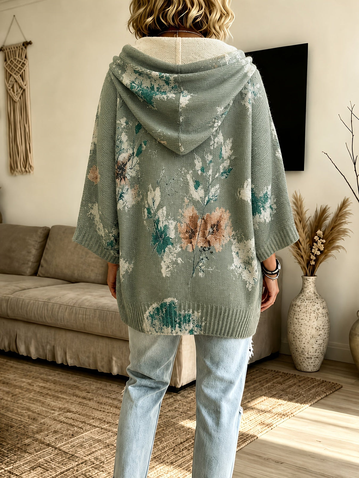 Women's Relaxed Floral Knit Hooded Poncho Jumper