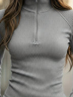 Women's Slim Ribbed Zip-Neck Long Sleeve Top