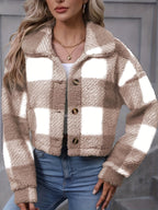 Women's Short Brushed Check Jacket with Button Front