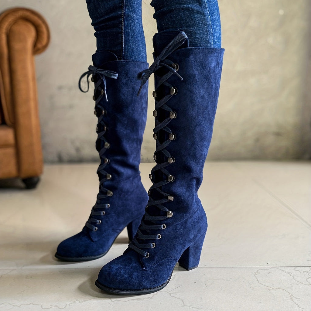 Women's Adjustable Lace-Front Tall Boots with Steady Block Heel