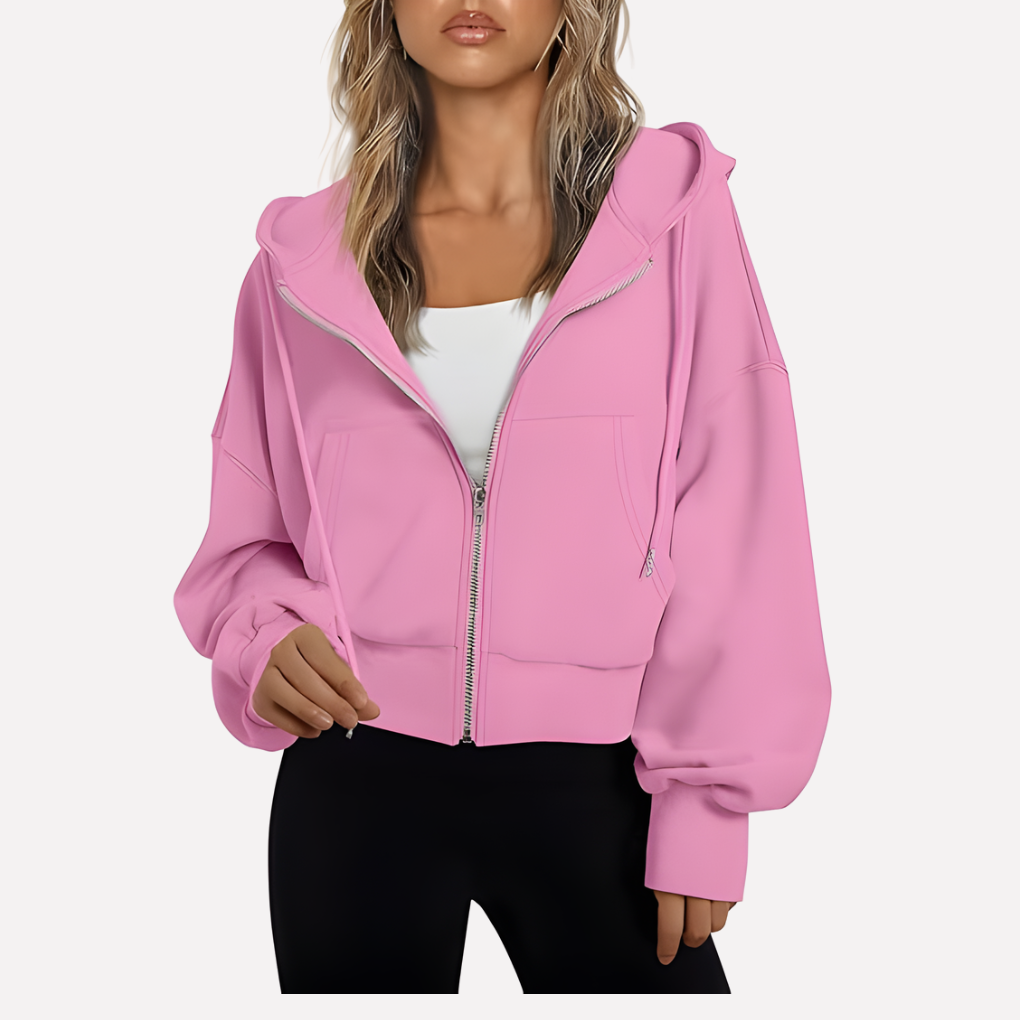 Women's Cropped Zip Hoodie Drawstring Hood Printed Accents