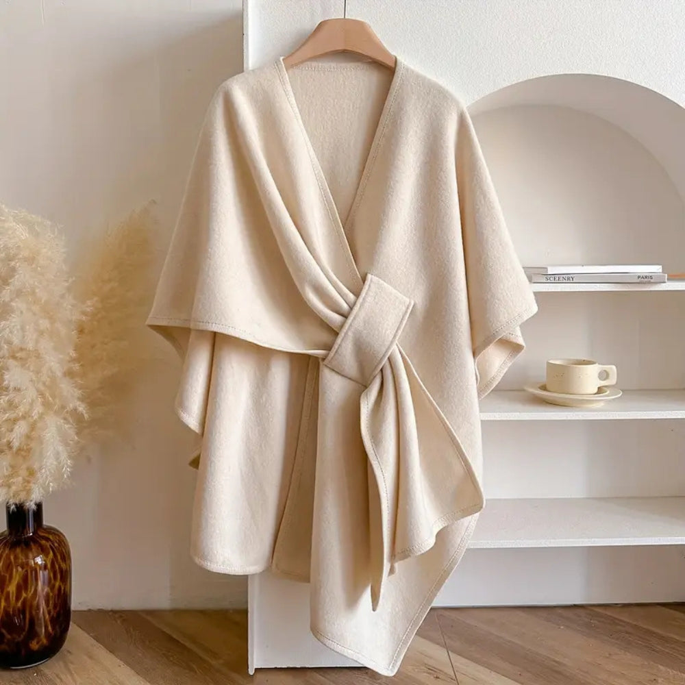 Women's Windproof Poncho Coat Draped Sides Belted Waist – Beige