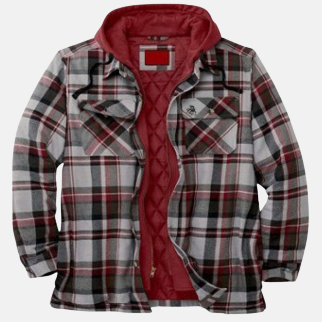 Men's Padded Printed Overshirt Jacket with Drawstring Hood – Red