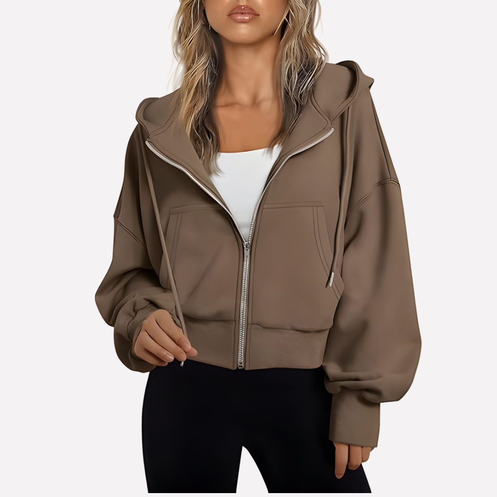 Women's Cropped Zip Hoodie Drawstring Hood Printed Accents – Dark Grey