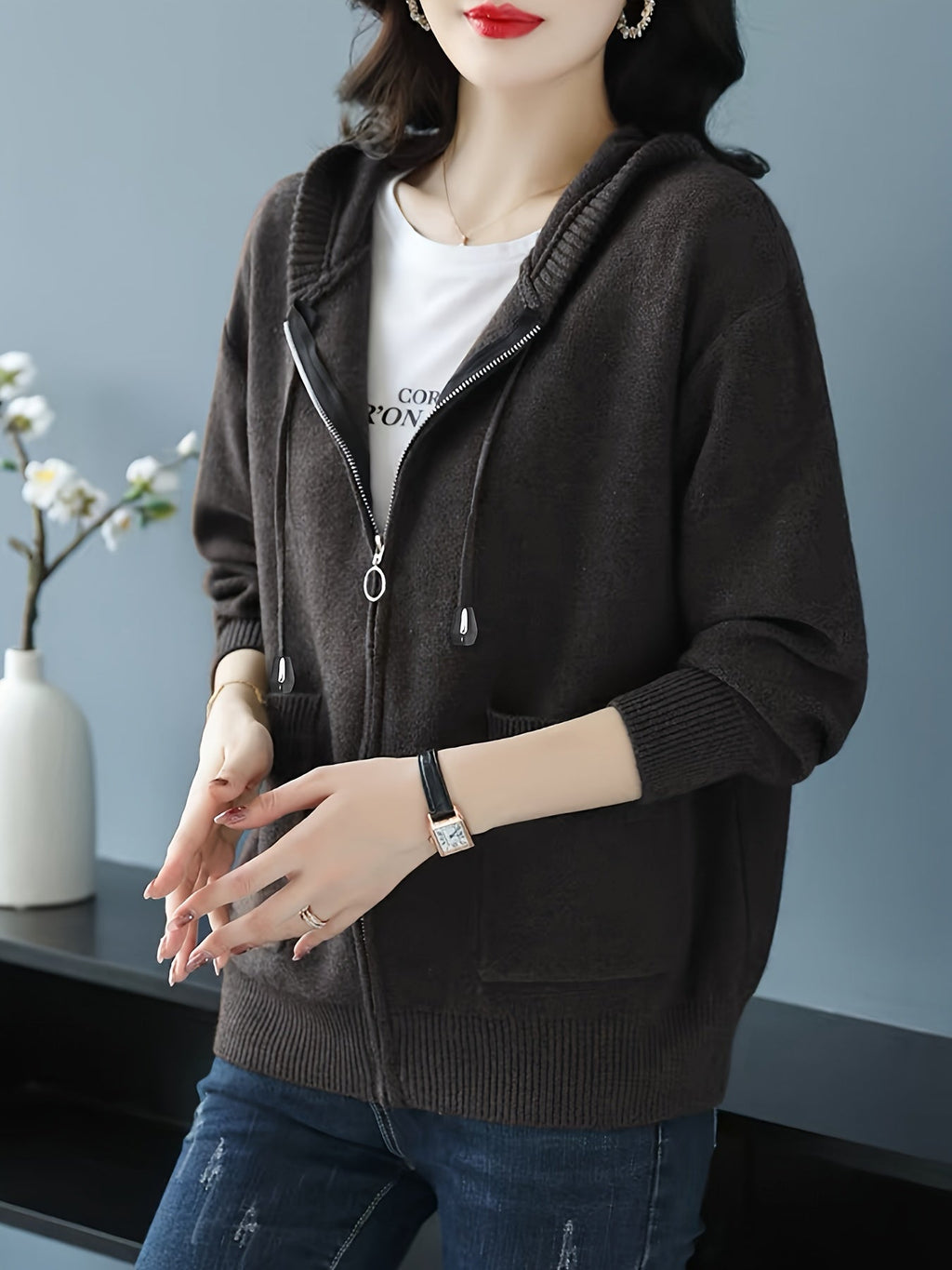 Women's Relaxed Full-Zip Knit Hoodie Cardigan