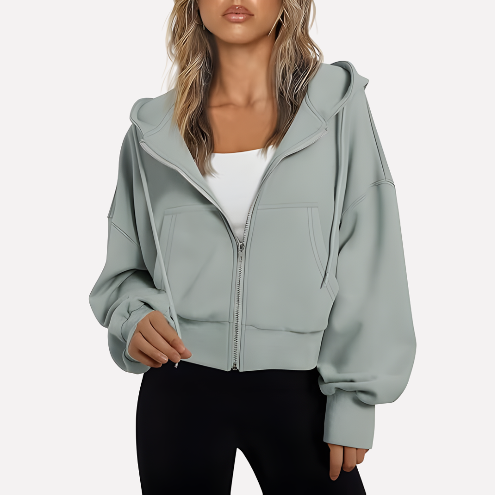 Women's Cropped Zip Hoodie Drawstring Hood Printed Accents – Light Grey