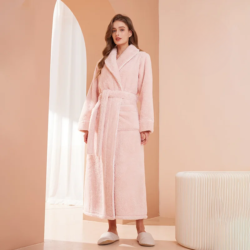 Women's Long Flannel Dressing Gown with Shawl Collar – Pink