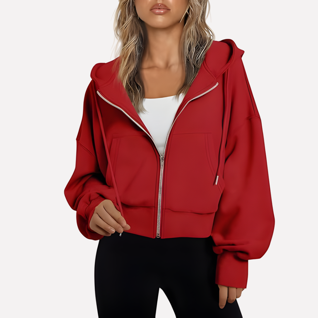 Women's Cropped Zip Hoodie Drawstring Hood Printed Accents – Red