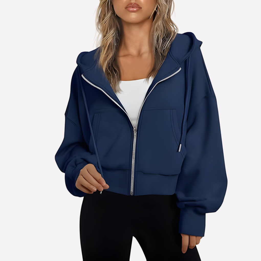Women's Cropped Zip Hoodie Drawstring Hood Printed Accents – Navy Blue