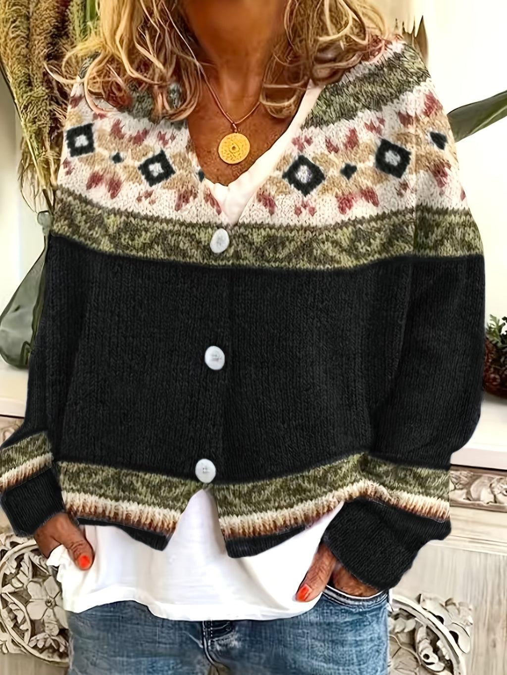 Women's Relaxed Knit Cardigan with Patterned Yoke