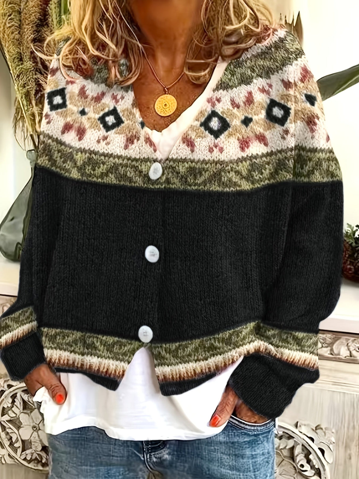 Women's Relaxed Knit Cardigan with Patterned Yoke