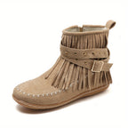 Women's Western Buckle Strap Fringe Flat Ankle Boots