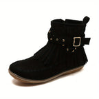 Women's Western Buckle Strap Fringe Flat Ankle Boots