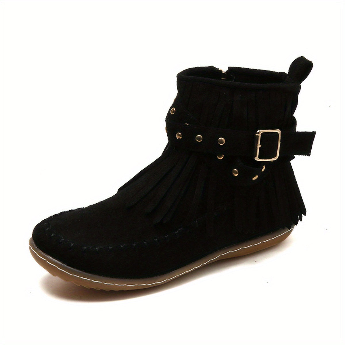 Women's Western Buckle Strap Fringe Flat Ankle Boots