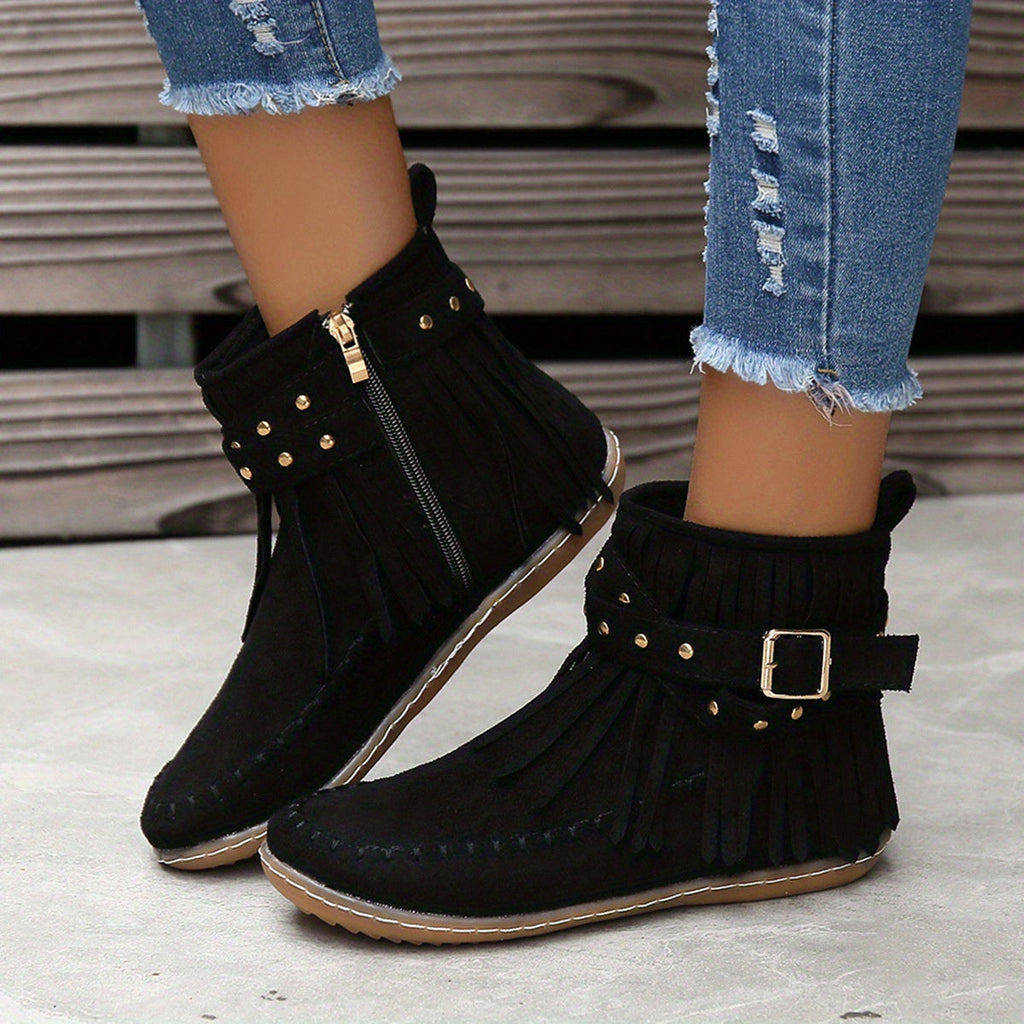 Women's Western Buckle Strap Fringe Flat Ankle Boots - Black