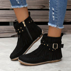 Women's Western Buckle Strap Fringe Flat Ankle Boots - Black