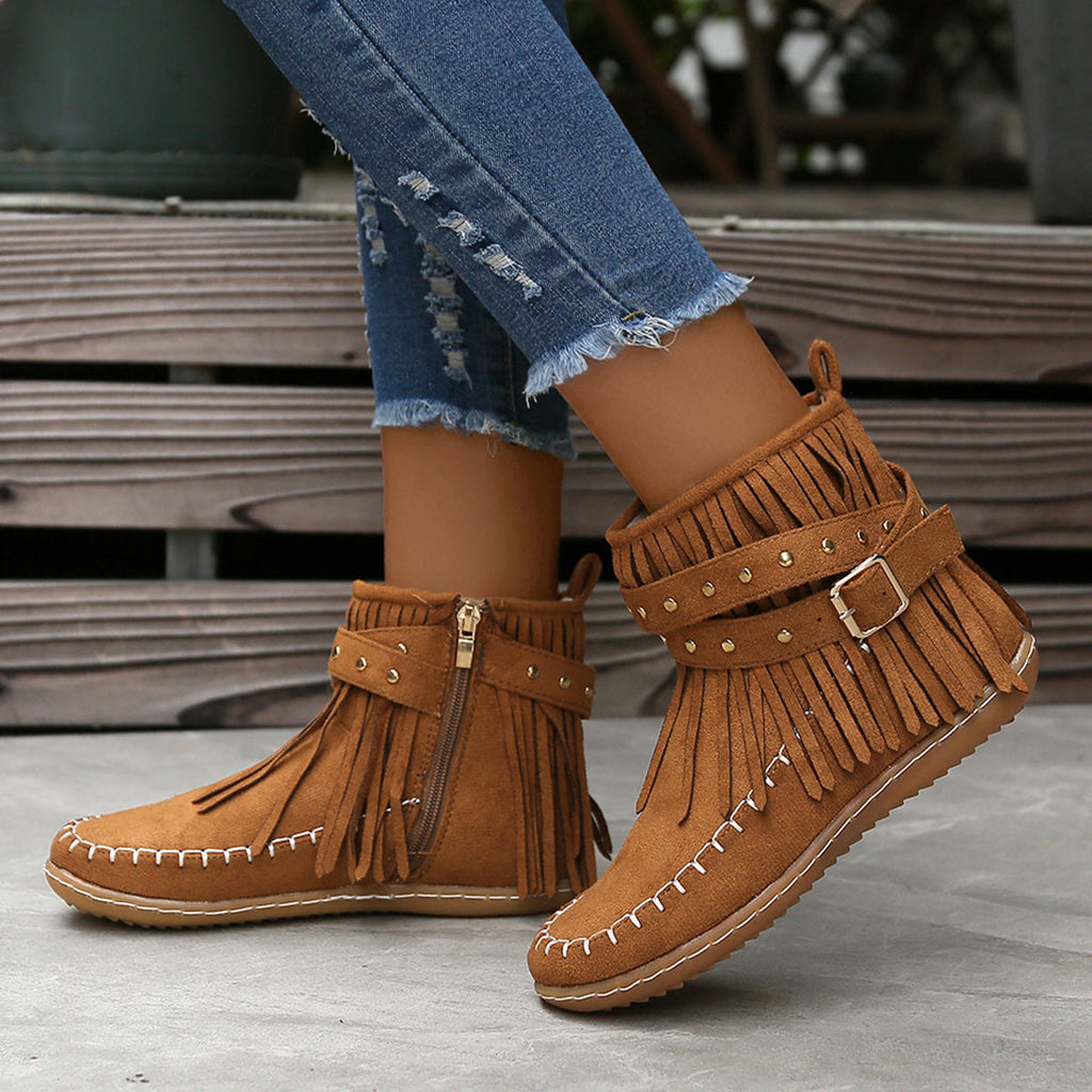 Women's Western Buckle Strap Fringe Flat Ankle Boots