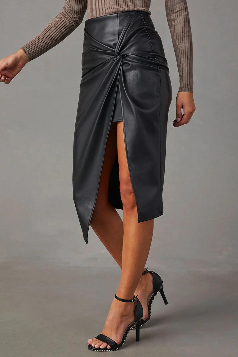 Women's Faux Leather Midi Skirt with Twist Front Slit