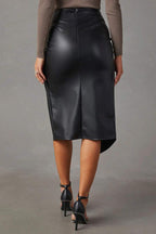Women's Faux Leather Midi Skirt with Twist Front Slit