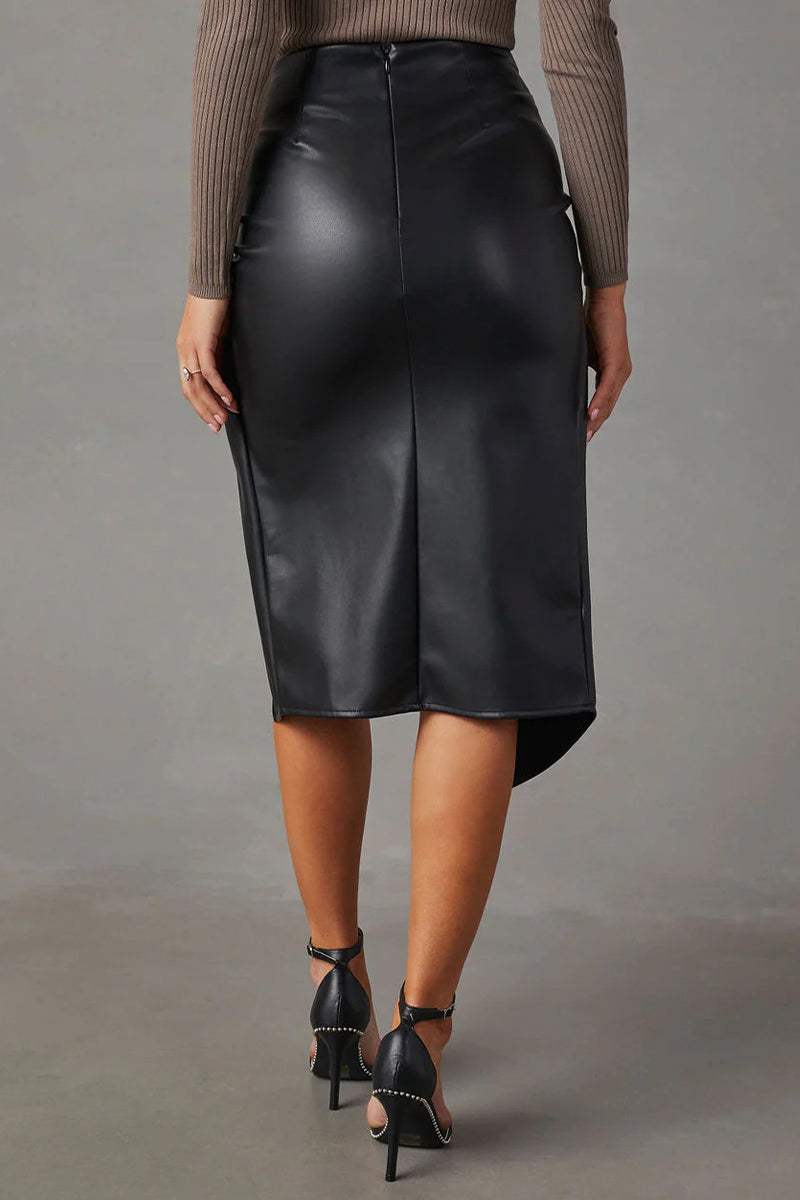 Women's Faux Leather Midi Skirt with Twist Front Slit