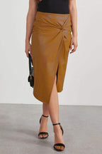 Women's Faux Leather Midi Skirt with Twist Front Slit
