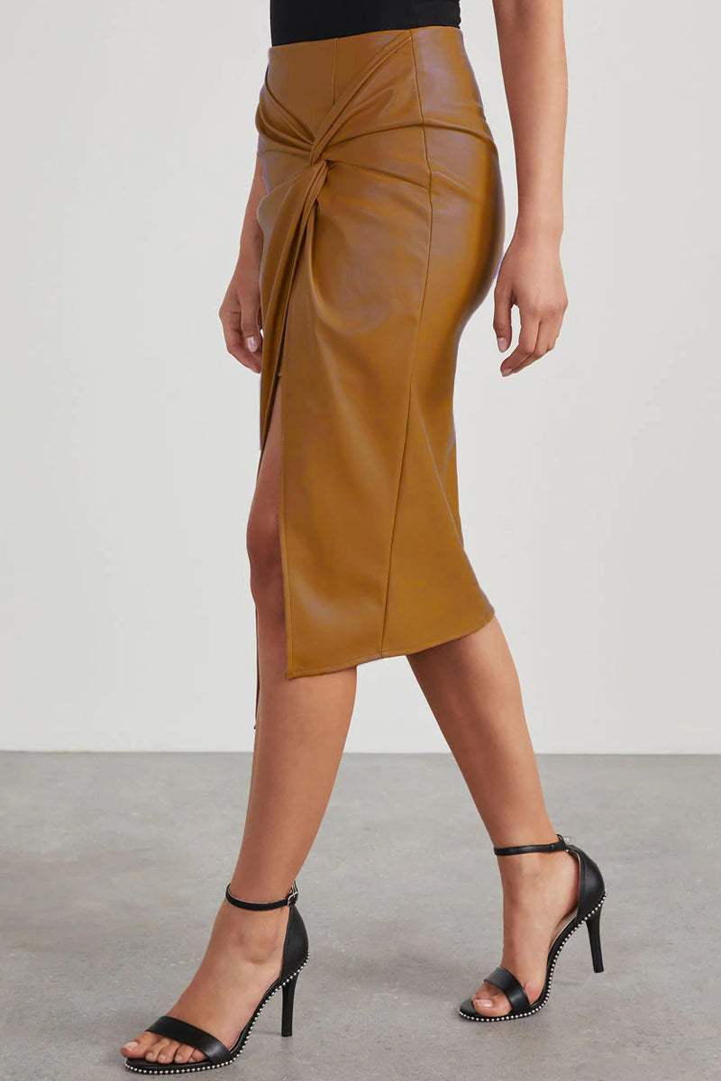 Women's Faux Leather Midi Skirt with Twist Front Slit