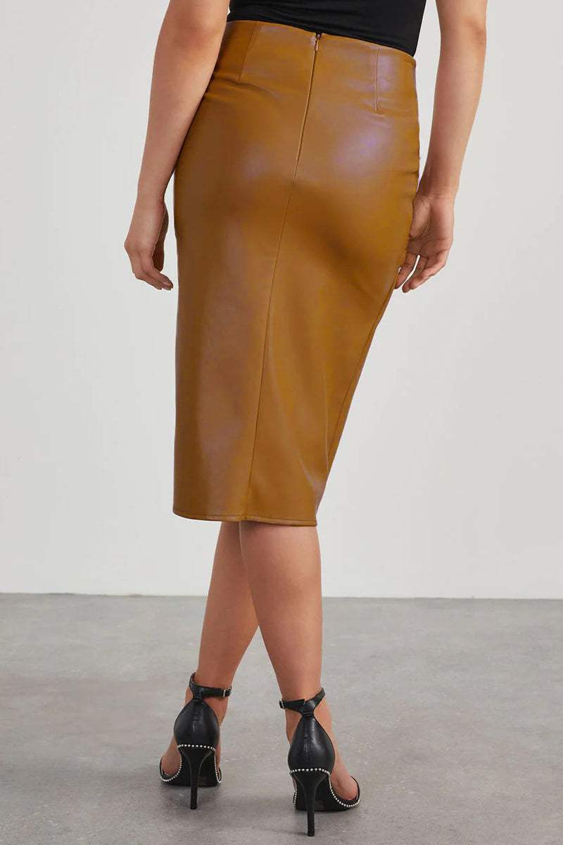 Women's Faux Leather Midi Skirt with Twist Front Slit