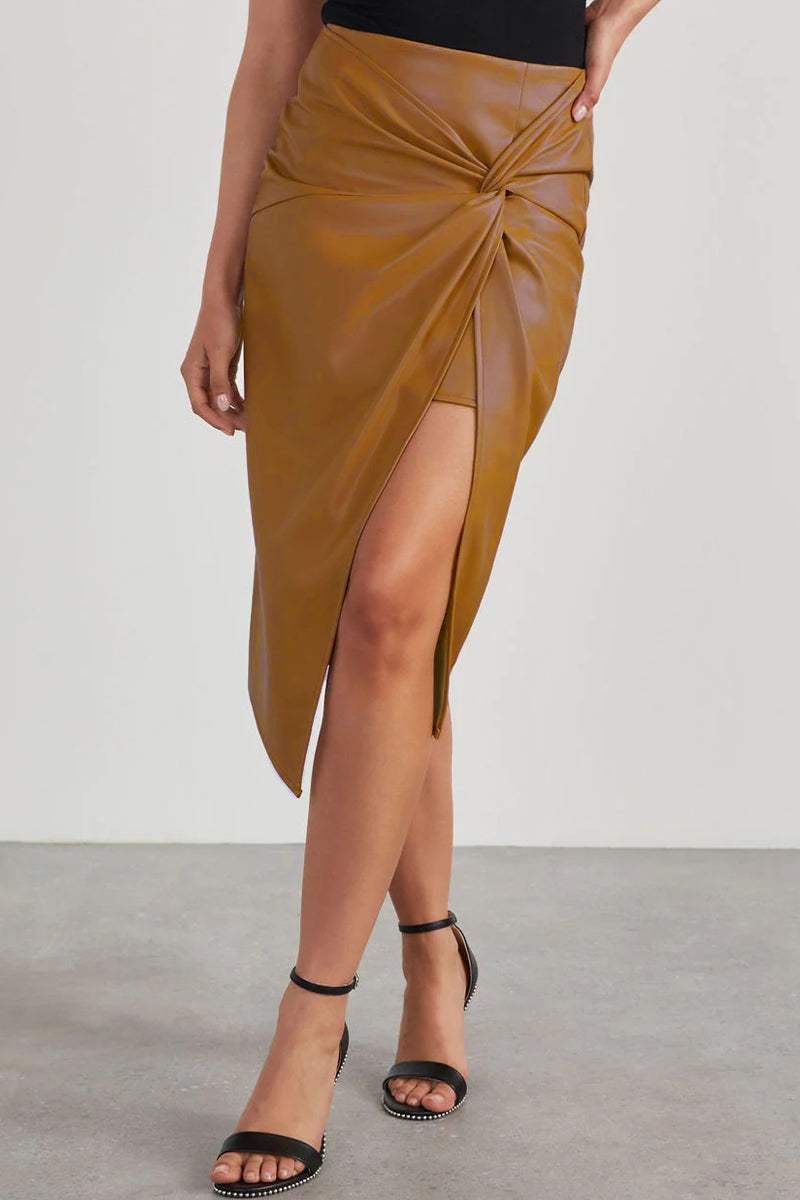 Women's Faux Leather Midi Skirt with Twist Front Slit – Brown
