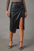 Women's Faux Leather Midi Skirt with Twist Front Slit