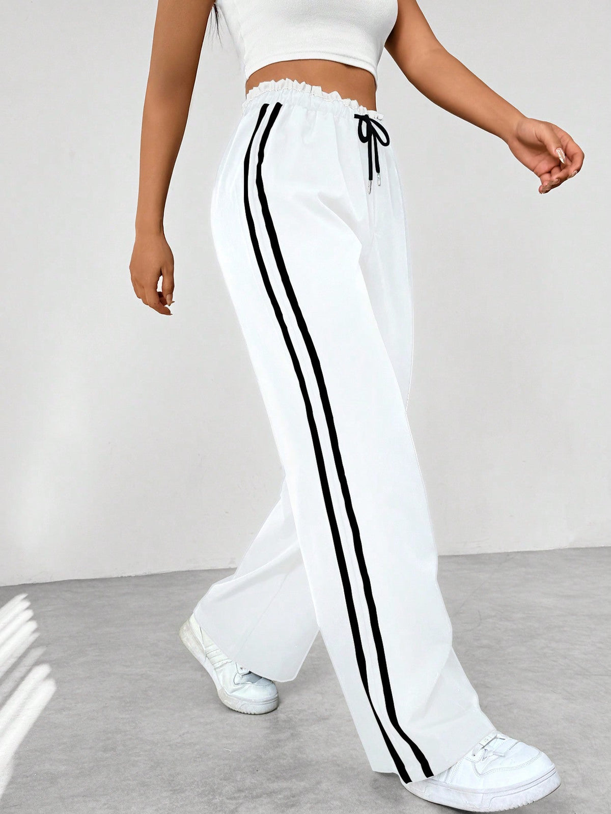 Women's Wide-Leg Lounge Trousers with Side Stripe Detail – White