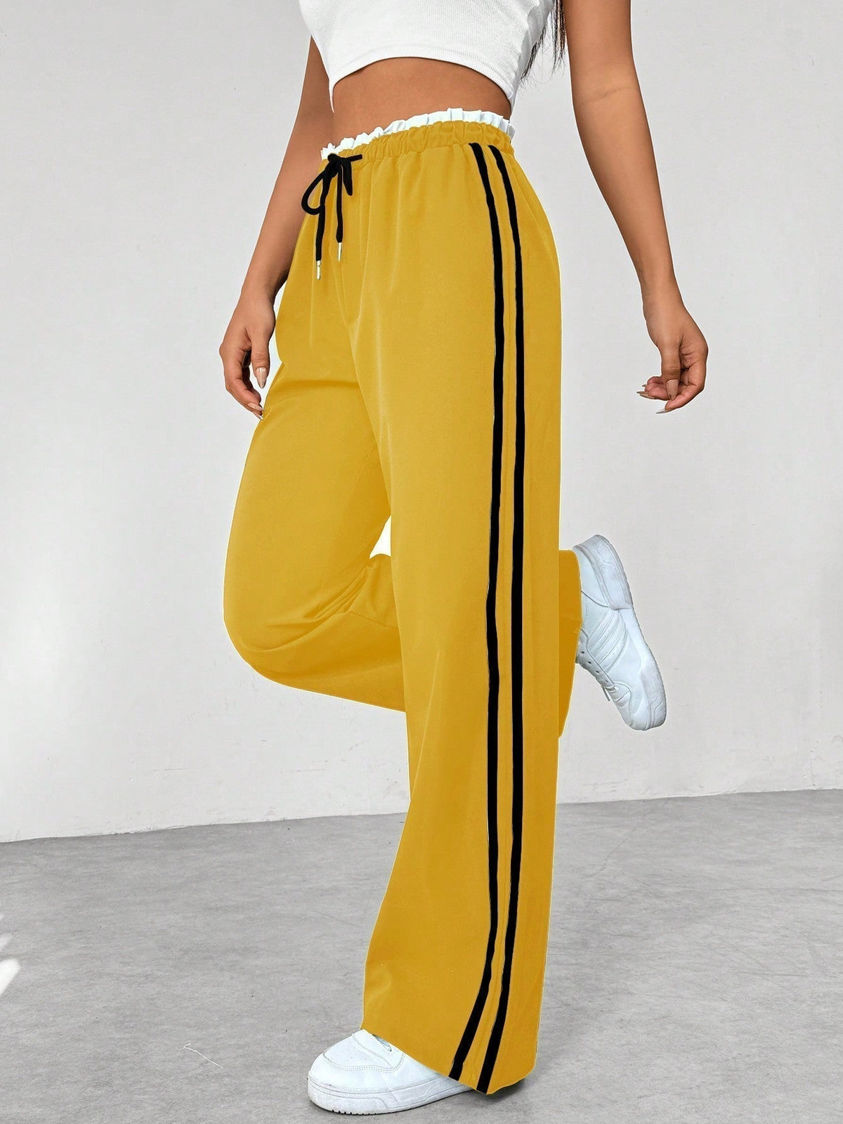 Women's Wide-Leg Lounge Trousers with Side Stripe Detail – Yellow
