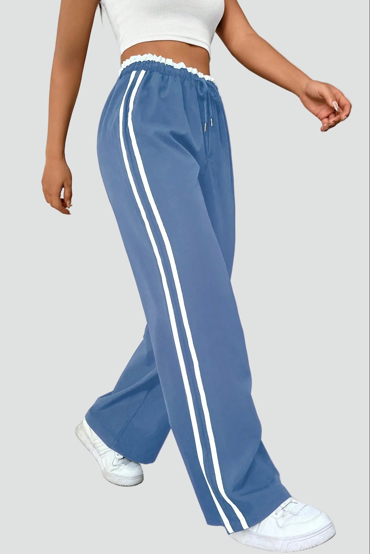 Women's Wide-Leg Lounge Trousers with Side Stripe Detail – Light Blue