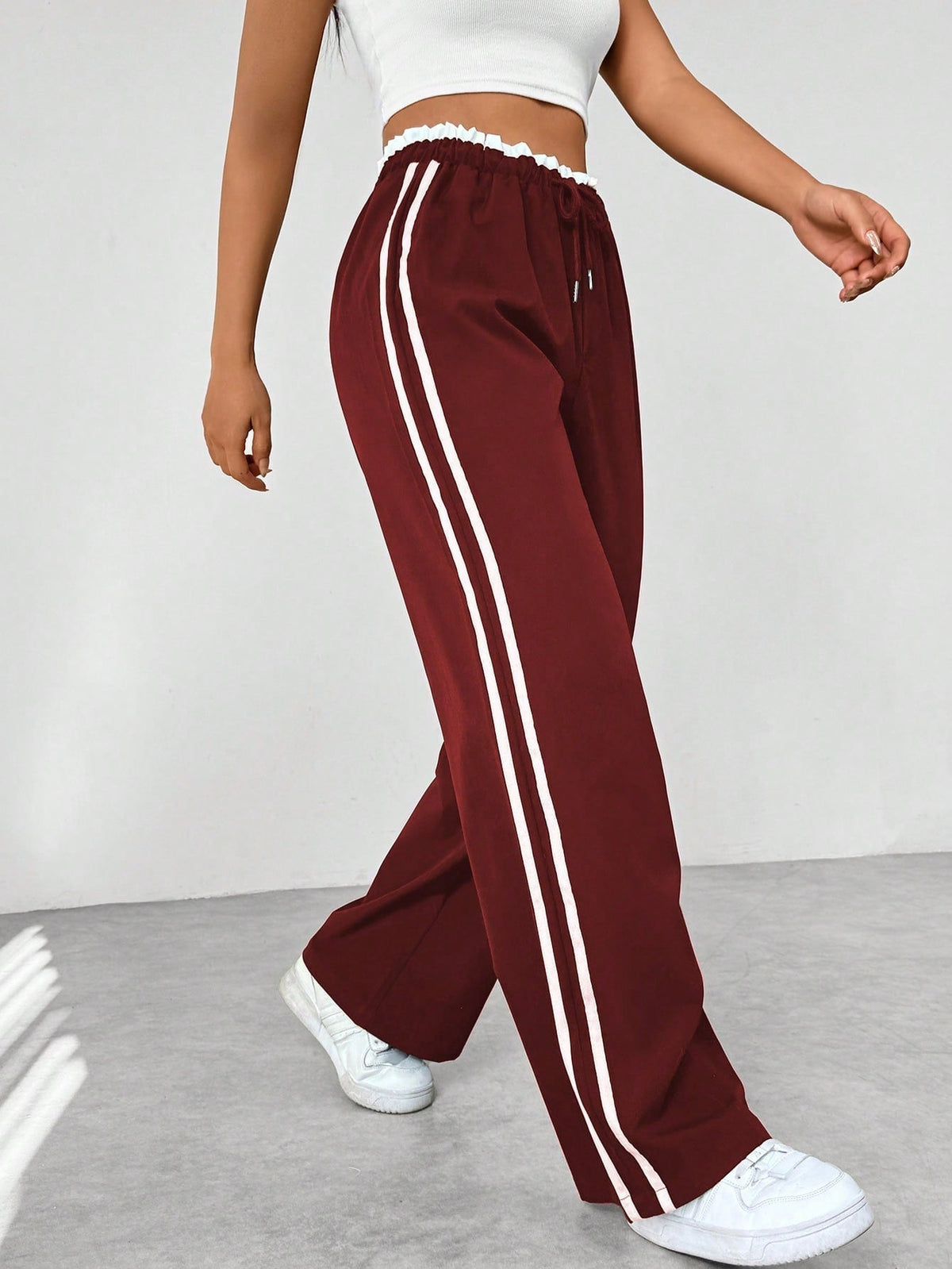 Women's Wide-Leg Lounge Trousers with Side Stripe Detail – Wine Red