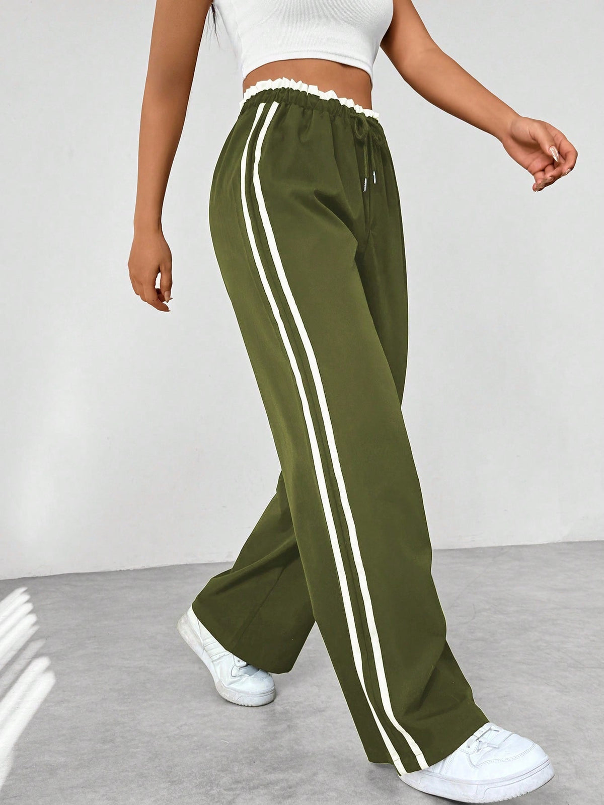 Women's Wide-Leg Lounge Trousers with Side Stripe Detail – Olive Green