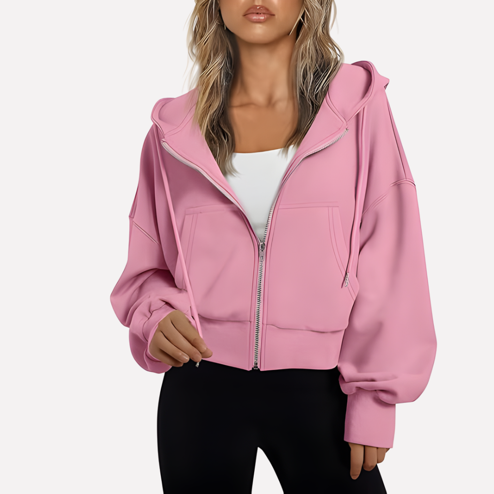 Women's Cropped Zip Hoodie Drawstring Hood Printed Accents