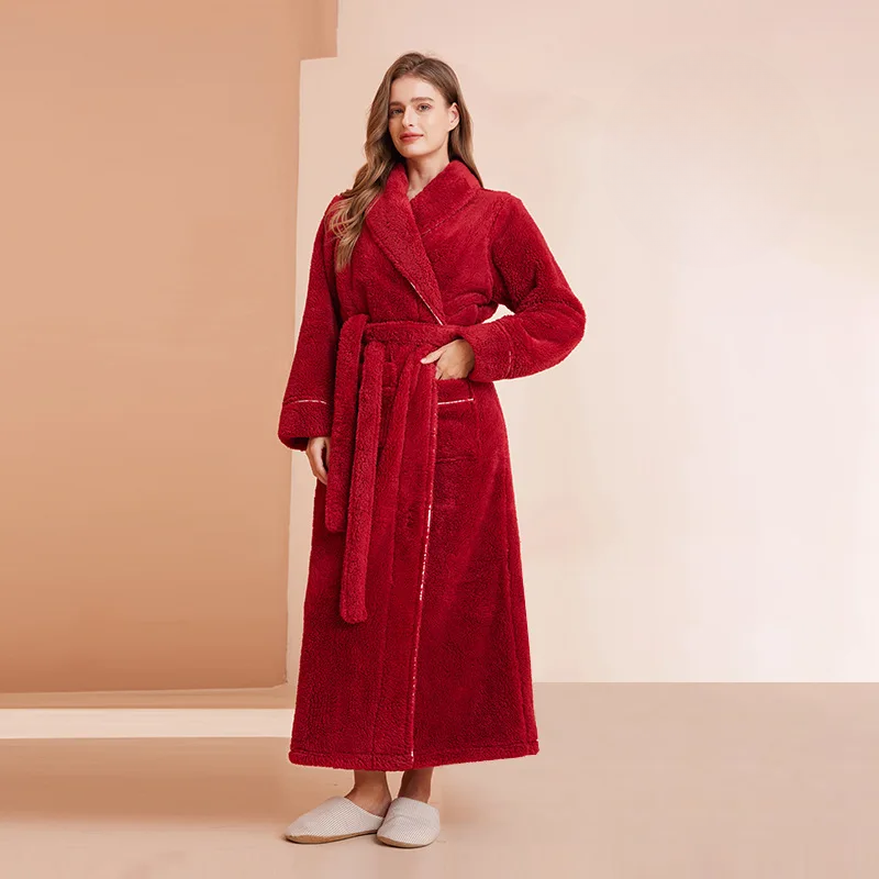 Women's Long Flannel Dressing Gown with Shawl Collar – Red