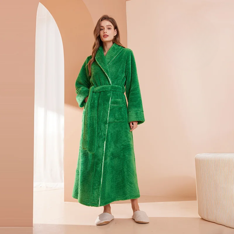 Women's Long Flannel Dressing Gown with Shawl Collar – Green
