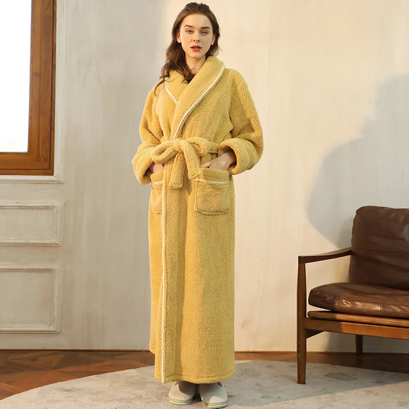 Women's Long Flannel Dressing Gown with Shawl Collar – Mustard Yellow