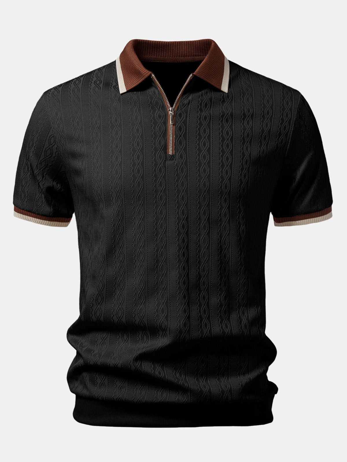 Men's Tailored Knit Polo with Quarter-Zip Collar – Black